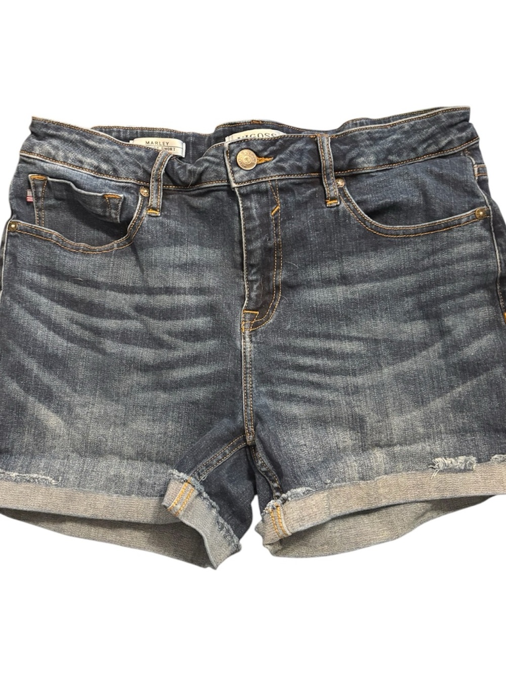Women’s Vigoss Marley Mid Rise Cuff Short, Size 31, Dark Wash, Distressed